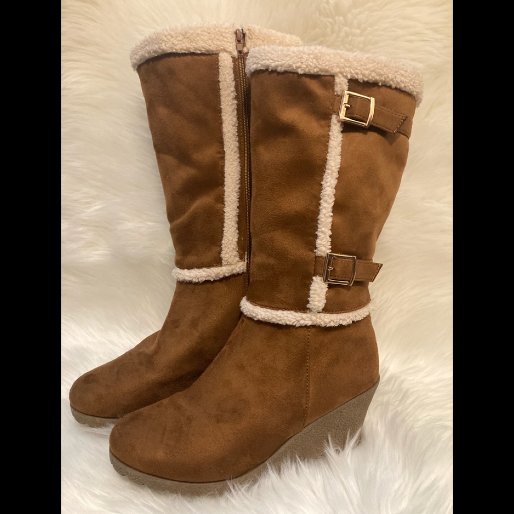 Caramel Suede Wedge Heeled Boots Size 9.5